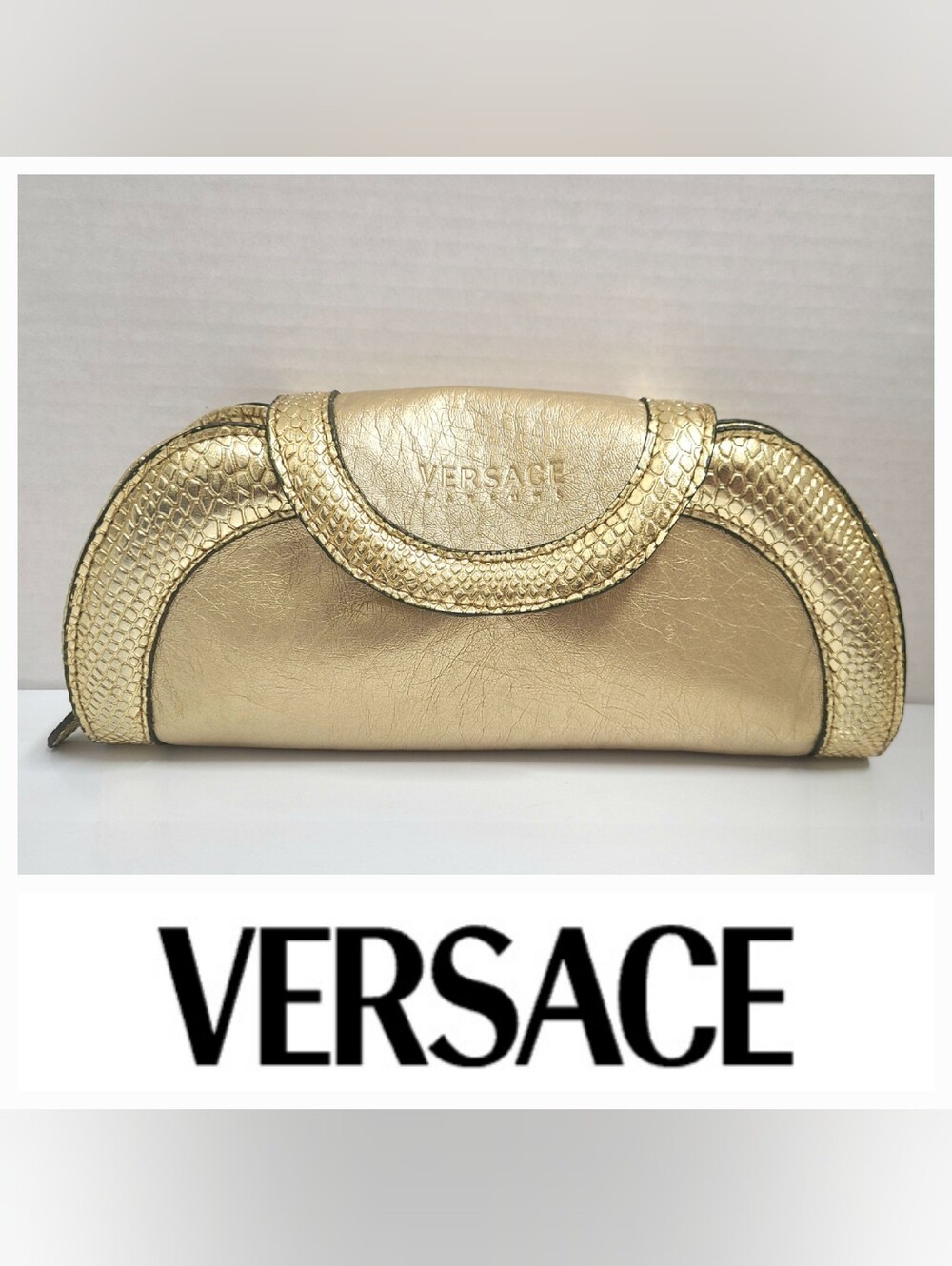 Vtg Versace Y2K Cosmetic Pouch Clutch Bag Gold Metallic Embossed Snakeskin Trim